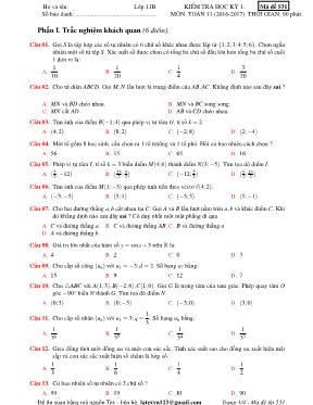 Kiểm tra học kỳ 1 - Mã đề 531 môn Toán 11